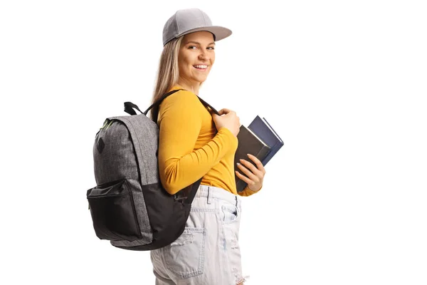 Female Student Backpack Looking Shoulder Holding Books Isolated White Background — Stock Photo, Image