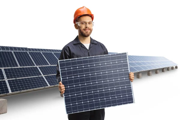 Fabricante Paneles Solares Sosteniendo Colector Aislado Sobre Fondo Blanco —  Fotos de Stock