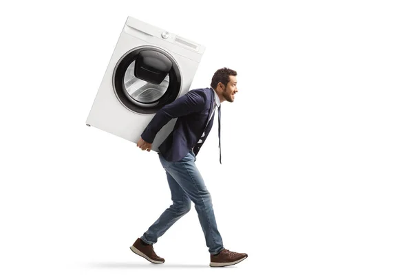 Volledig Profiel Foto Van Een Man Met Een Wasmachine Zijn — Stockfoto
