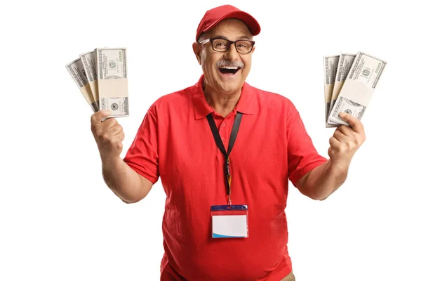 Gelukkig Volwassen Winkel Manager Holding Geld Glimlachen Geïsoleerd Witte Achtergrond — Stockfoto