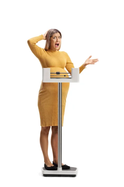 Shocked Pregnant Woman Standing Weight Scale Holding Her Head Isolated — Stock Photo, Image