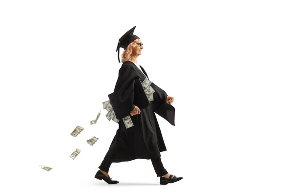 Full Length Profile Shot Woman Graduate Gown Walking Carrying Case — Stock Photo, Image