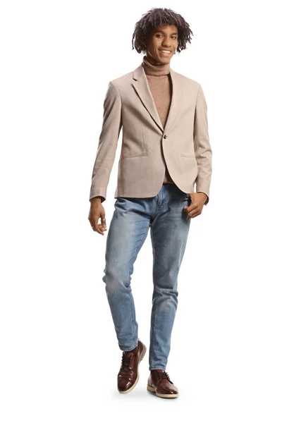 Junger Eleganter Afrikanisch Amerikanischer Mann Beigem Anzug Und Jeans Posiert — Stockfoto