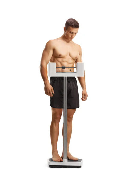 Full Length Shot Shirless Young Man Checking Weight Scale Isolated — Zdjęcie stockowe