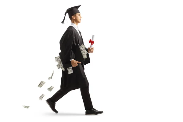 白地に隔離された学生債務のローンのためのお金でケースを持って歩いている男性大学院生の完全な長さのプロフィールのショット — ストック写真