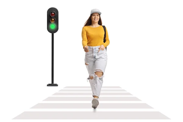 Full Length Portrait Happy Female Student Walking Pedestrian Crossing Isolated — Stock Photo, Image