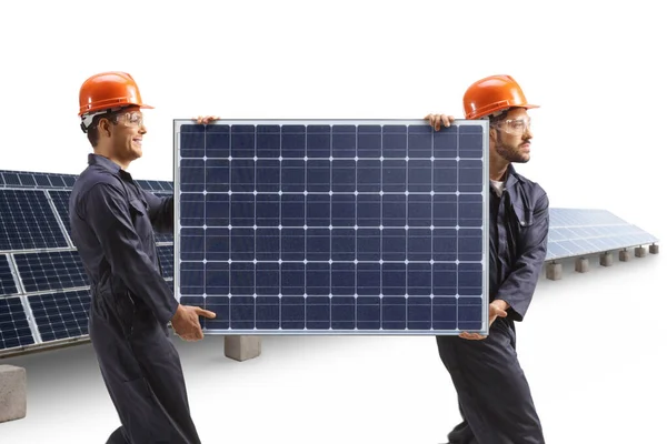 Factory Workers Walking Carrying Solar Panel Isolated White Background — Stock Photo, Image