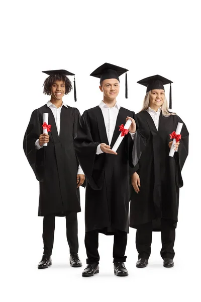 Група Аспірантів Сукнях Тримають Дипломи Ізольовані Білому Тлі — стокове фото