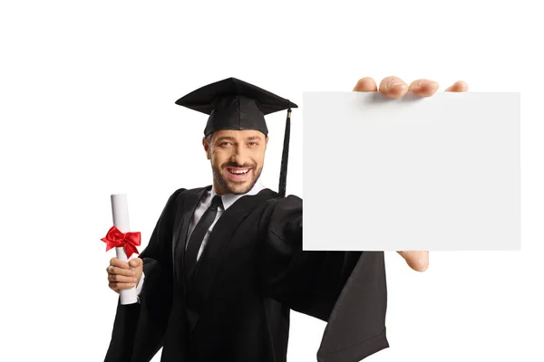 Smiling Male Student Graduation Gown Holding Diploma Showing Blank Card — Stock Photo, Image