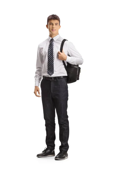Portret Nastoletniego Studenta Noszącego Szkolny Mundur Plecak Odizolowany Białym Tle — Zdjęcie stockowe