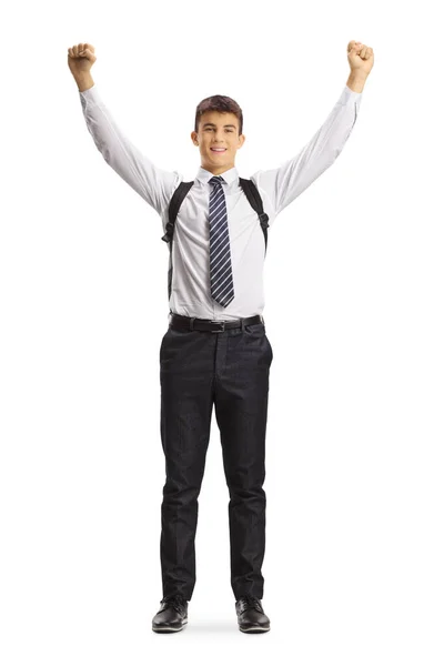 Полнометражный Портрет Счастливого Студента Школьной Форме Поднимающего Руки Белом Фоне — стоковое фото