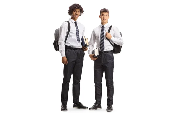 Afro Amerikaanse Blanke Mannelijke Student Uniformen Dragen Rugzakken Poseren Geïsoleerd — Stockfoto