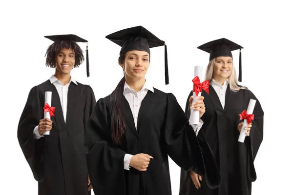 Grupo Estudiantes Graduados Felices Batas Con Diplomas Aislados Sobre Fondo —  Fotos de Stock