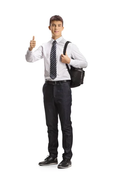 Caucasian Teenage Male Student Posing Gesturing Thumbs Isolated White Background — Stock Photo, Image