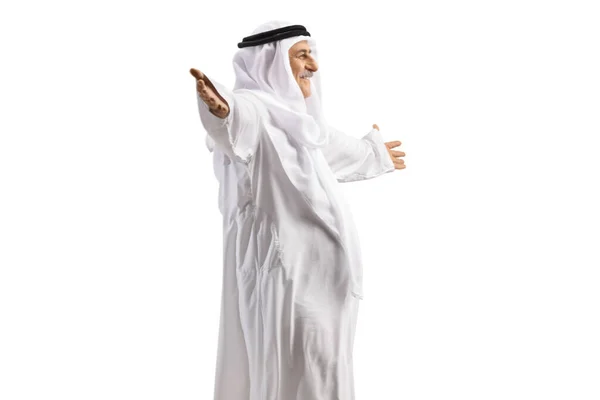 Happy Arab Man Stående Med Öppna Armar Isolerad Vit Bakgrund — Stockfoto