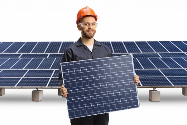 Técnico Sosteniendo Colector Una Granja Solar Aislado Sobre Fondo Blanco —  Fotos de Stock