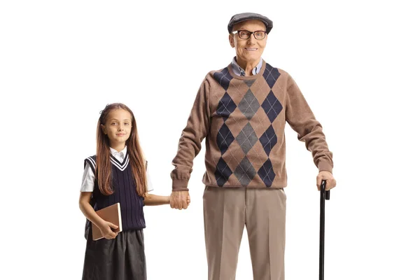 Großvater Und Enkelin Stehend Und Händchen Haltend Auf Weißem Hintergrund — Stockfoto