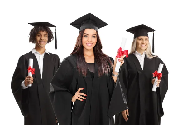 Grupo Estudiantes Posgrado Masculino Femenino Batas Con Diplomas Aislados Sobre — Foto de Stock