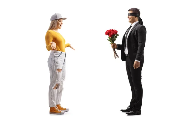 Full Length Profile Shot Businessman Blindfold Giving Bunch Roses Young — Stock Photo, Image