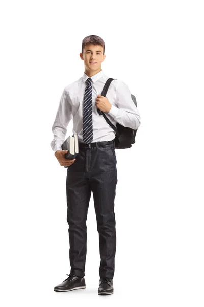 Männlicher Student Mit Rucksack Hemd Und Krawatte Posiert Und Hält — Stockfoto