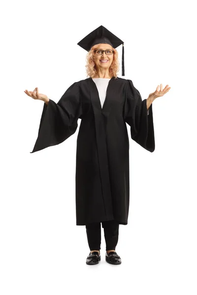 Full Length Portrait Woman Wearing Black Graduation Gown Gesturing Hands — Stock Photo, Image