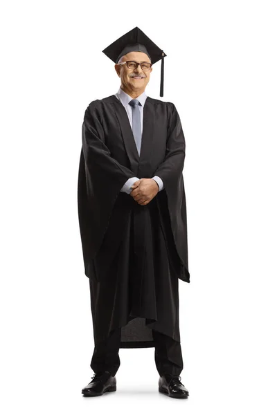 University Decaan Draagt Een Zwarte Graduatie Jurk Geïsoleerd Witte Achtergrond — Stockfoto