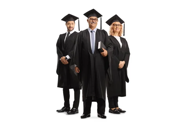 Full Length Portrait Univeristy Professors Wearing Graduation Gowns Isolated White — Stock Photo, Image