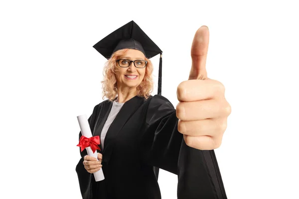 Woman Black Graduation Gown Holding Certificate Gesturing Thumbs Isolated White — Stock Photo, Image