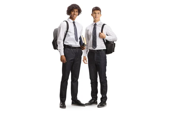 Blanke Afrikaanse Amerikaanse Mannelijke Studenten College Uniformen Geïsoleerd Witte Achtergrond — Stockfoto