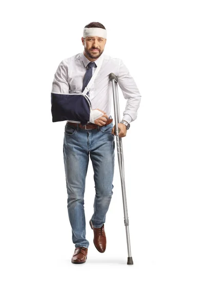 Young Man Broken Arm Bandage Head Leaning Crutch Isolated White — Stock Photo, Image