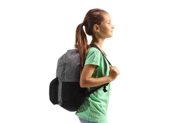 Profilbild Eines Mädchens Mit Einem Rucksack Auf Weißem Hintergrund — Stockfoto