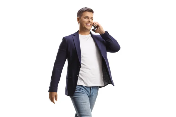 Casual Man Walking Using Smartphone Isolated White Background — Stock Photo, Image