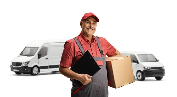 Delivery Man Van Holding Cardboard Box Clipboard Isolated White Background — Stock Photo, Image