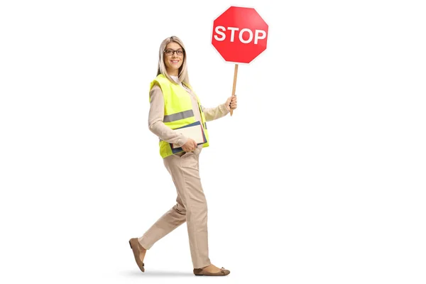 Full Length Shot Young Woman Holding Books Stop Sign Walking — Stock Photo, Image