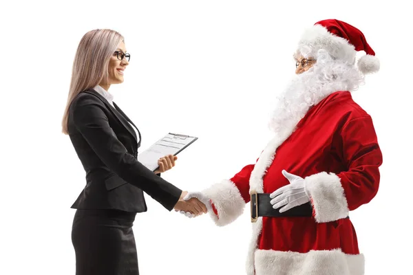Profilbild Einer Geschäftsfrau Und Weihnachtsmann Beim Händeschütteln Isoliert Auf Weißem — Stockfoto