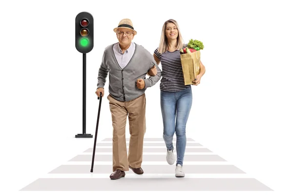 Young Woman Carrying Grocery Bags Crossing Street Elderly Gentleman Isolated — Stock Photo, Image