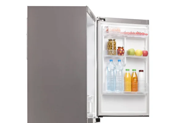 Холодильник Открытой Дверью Едой Напитками Изолированы Белом Фоне — стоковое фото