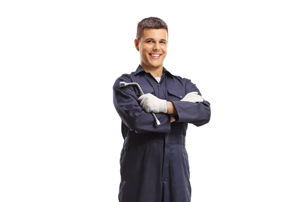 Mechanic Holding Wrench Smiling Isolated White Background — Stock Photo, Image