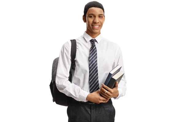 Studente Afroamericano Maschio Camicia Cravatta Posa Tenendo Libri Isolati Sfondo — Foto Stock