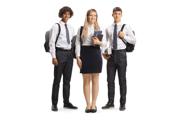 Full Length Portrait Two Male One Female College Students Posing — Stock Photo, Image