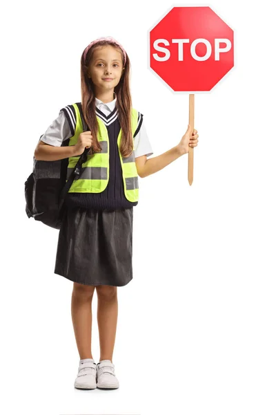 Full Length Portrait Schoolgirl Stop Sign Safety Vest Isolated White — Stock Photo, Image