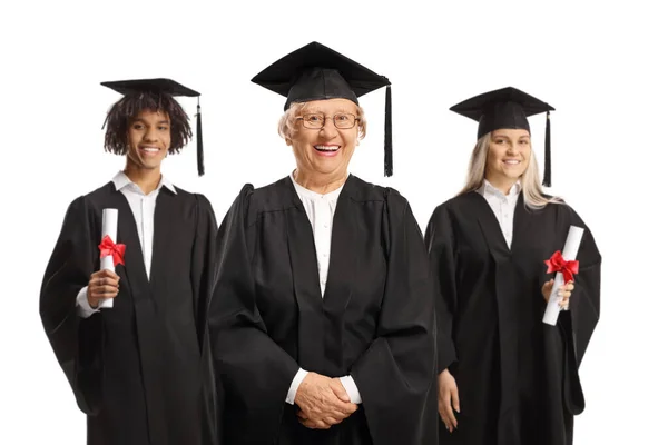 Profesora Madura Alumnas Graduadas Posando Aisladas Sobre Fondo Blanco — Foto de Stock