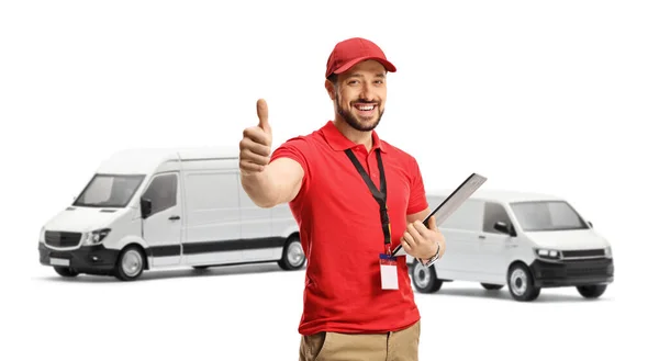 Van Driver Standing Gesturing Thumb Sign Isolated White Background — Stock Photo, Image