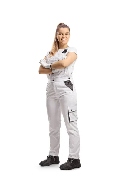 Young Female Painter White Overall Pants Isolated White Background — Stock Photo, Image