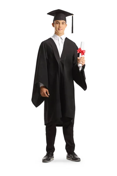 Retrato Cuerpo Entero Estudiante Graduado Con Vestido Negro Que Sostiene —  Fotos de Stock
