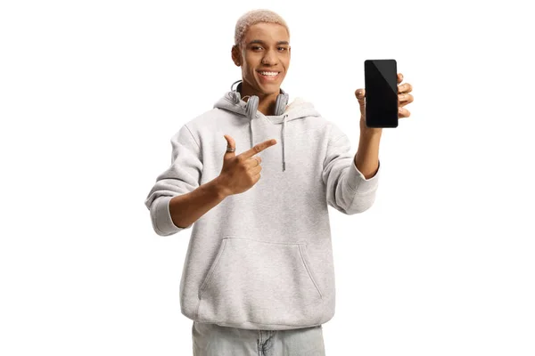 스마트폰을 배경에 고립된 머리를 아프리카 미국인 — 스톡 사진