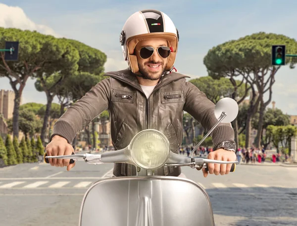 Man Helmet Leather Jacket Riding Scooter Streets Rome Italy — Stock Photo, Image