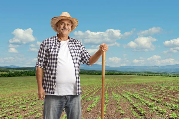 晴れた日に畑に立っているシャベルで成熟した農家を微笑む — ストック写真