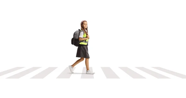 Full Length Shot Schoolgirl Wear Reflective Vest Walking Pedestrian Διάβαση — Φωτογραφία Αρχείου