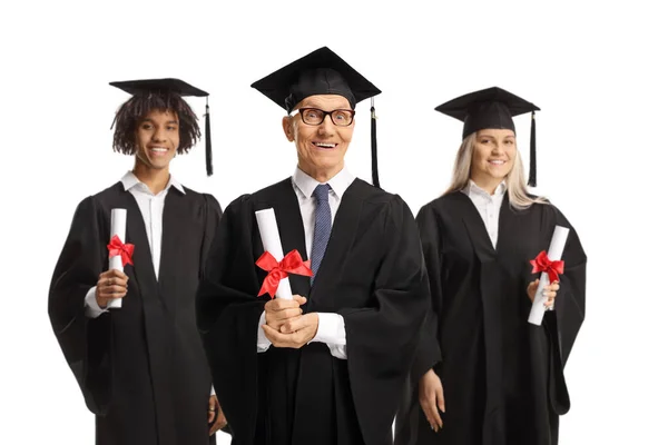 Anciano Estudiantes Posgrado Batas Con Diplomas Aislados Sobre Fondo Blanco — Foto de Stock